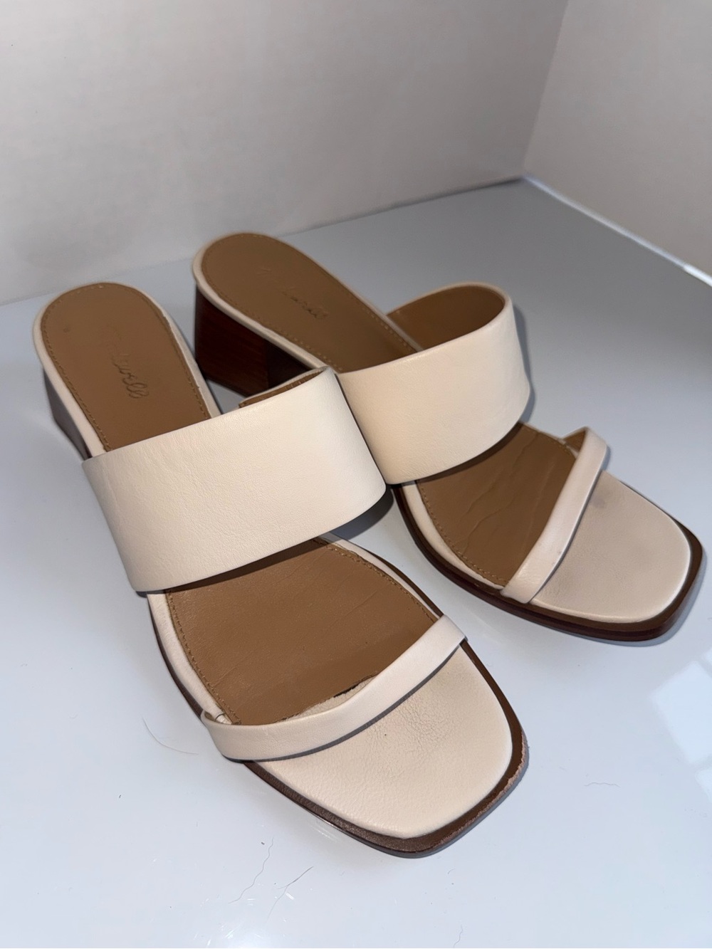 Women's Cream Two-Strap Block Heel Sandals